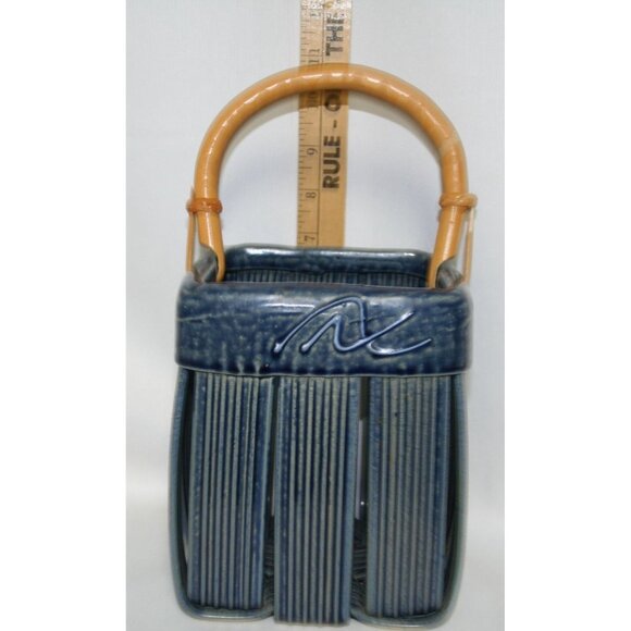 Parmentier Pottery Ceramic Basket Blue With Bamboo Handle - Picture 7 of 8